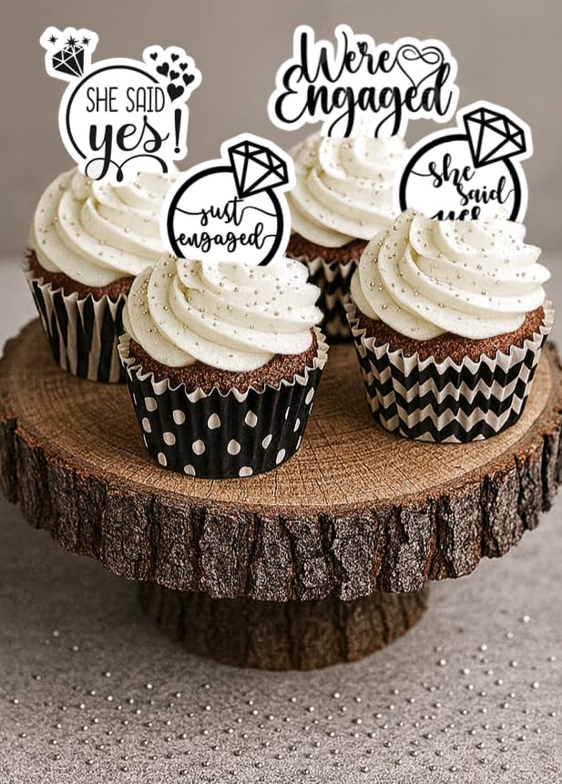 28 x PRE CUT BLACK AND WHITE ENGAGEMENT STAND UP EDIBLE WAFER CARD RICE PAPER CUPCAKE TOPPER DECORATIONS