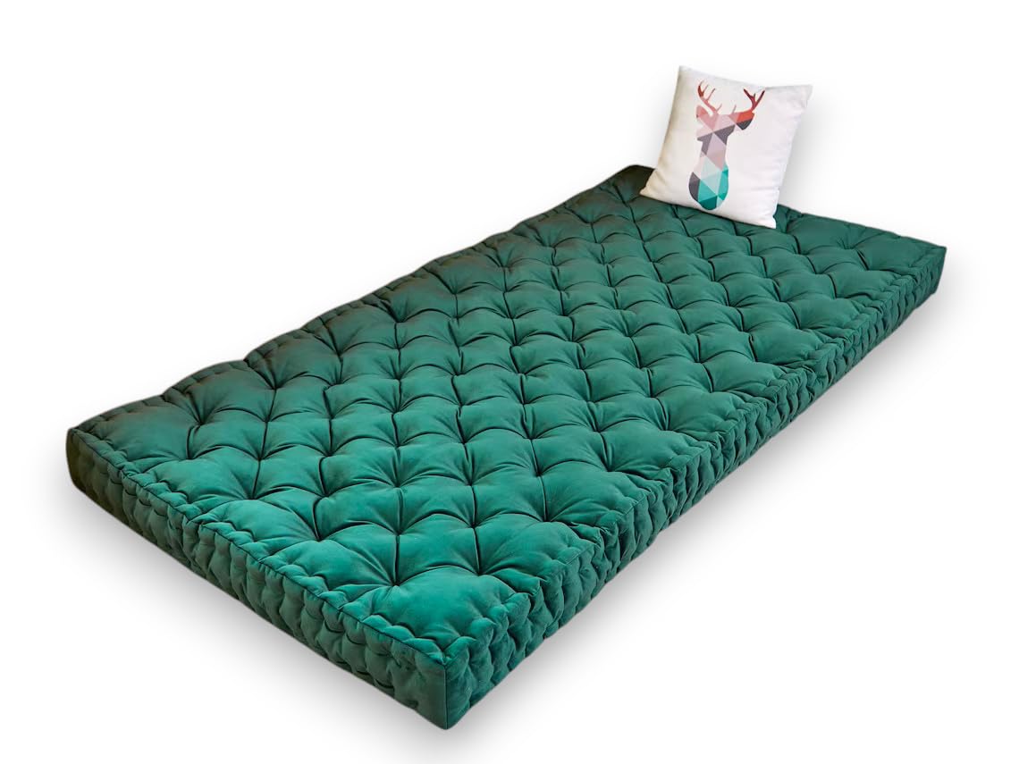 ATOOTFUSION Cotton Floor Mattress, 4 inch Thick Tufted Cushion, 72 x 30 inch, Foldable, Rollable Light Weight Cotton Mattress Dark Green