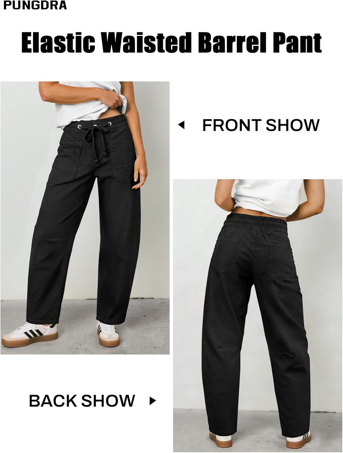 Womens Elastic Waist Pants for Women Drawstring Low Rise Baggy Barrel Pants Stretchy Ankle Cropped Trousers - Image 2