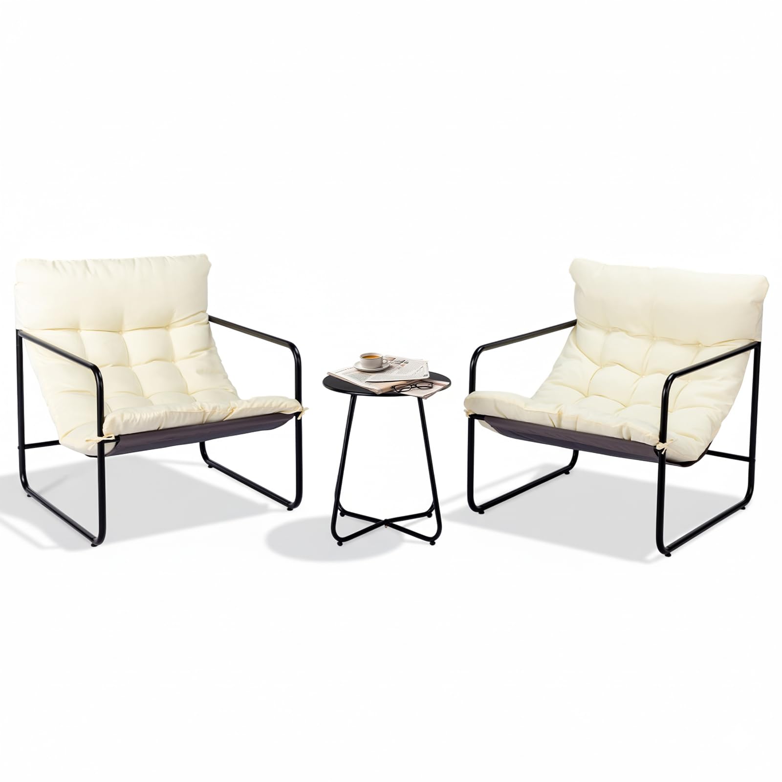 Bonnlo Bistro Set for 2 for Garden, 3-Piece Outdoor Table and Chairs with Removable Cushions, Metal Lounge Chair Set, White