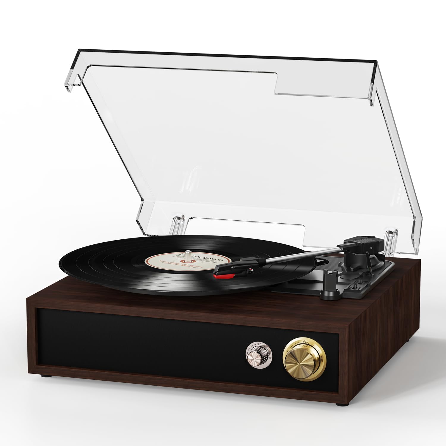 FYDEE Plattenspieler, Vinyl Schallplattenspieler mit Bidirektionalem Bluetooth 5.4, USB-Aufnahme Ohne PC & Wiedergabe, Retro Record Player mit 3-Gang & Dual-Lautsprecher, RCA-Ausgang, Rotbraun