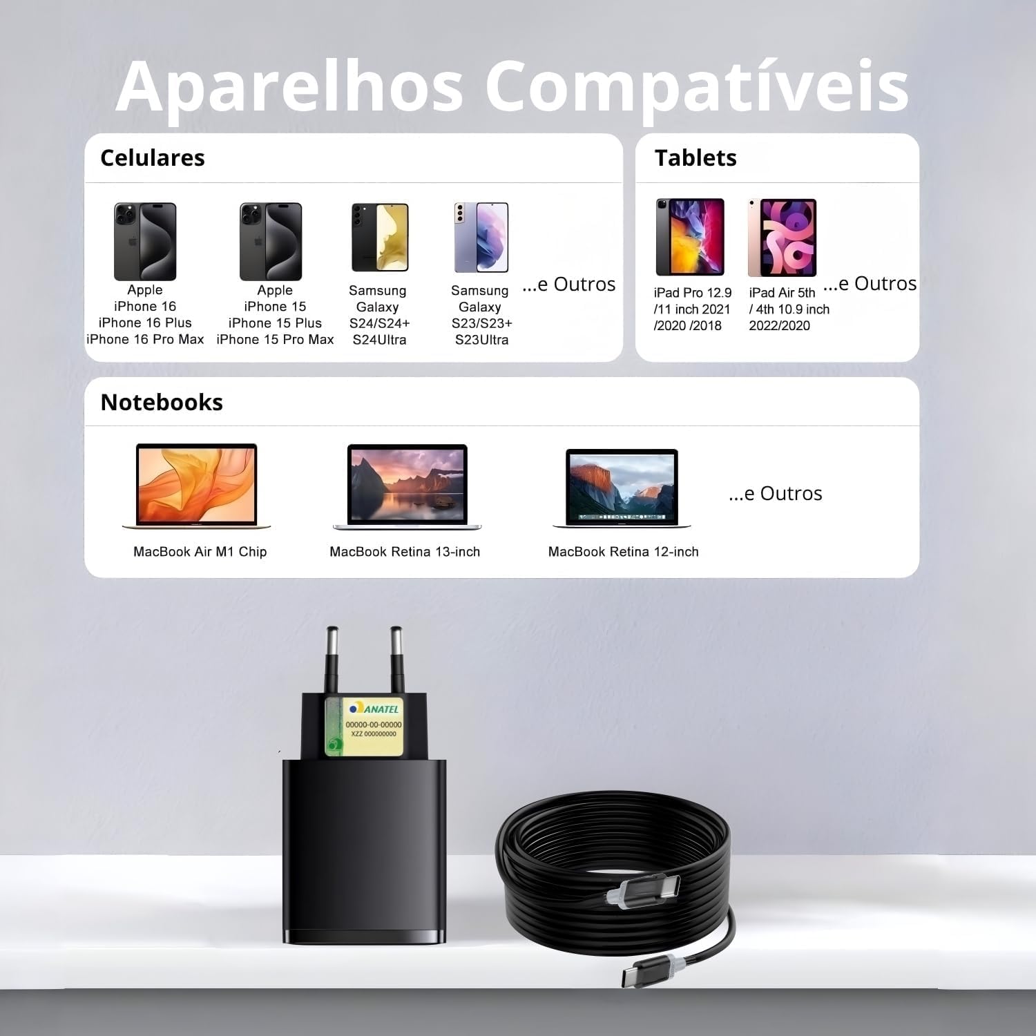 Carregador Turbo 65W com 3 Entradas (2 USB-C Turbo de 65W, 30W e 1 USB-A de 25W) + Cabo USB-C de 1m – Carregamento Rápido, Compatível com iOS, Android, Tablets e Todos os Dispositivos com USB Tipo-C