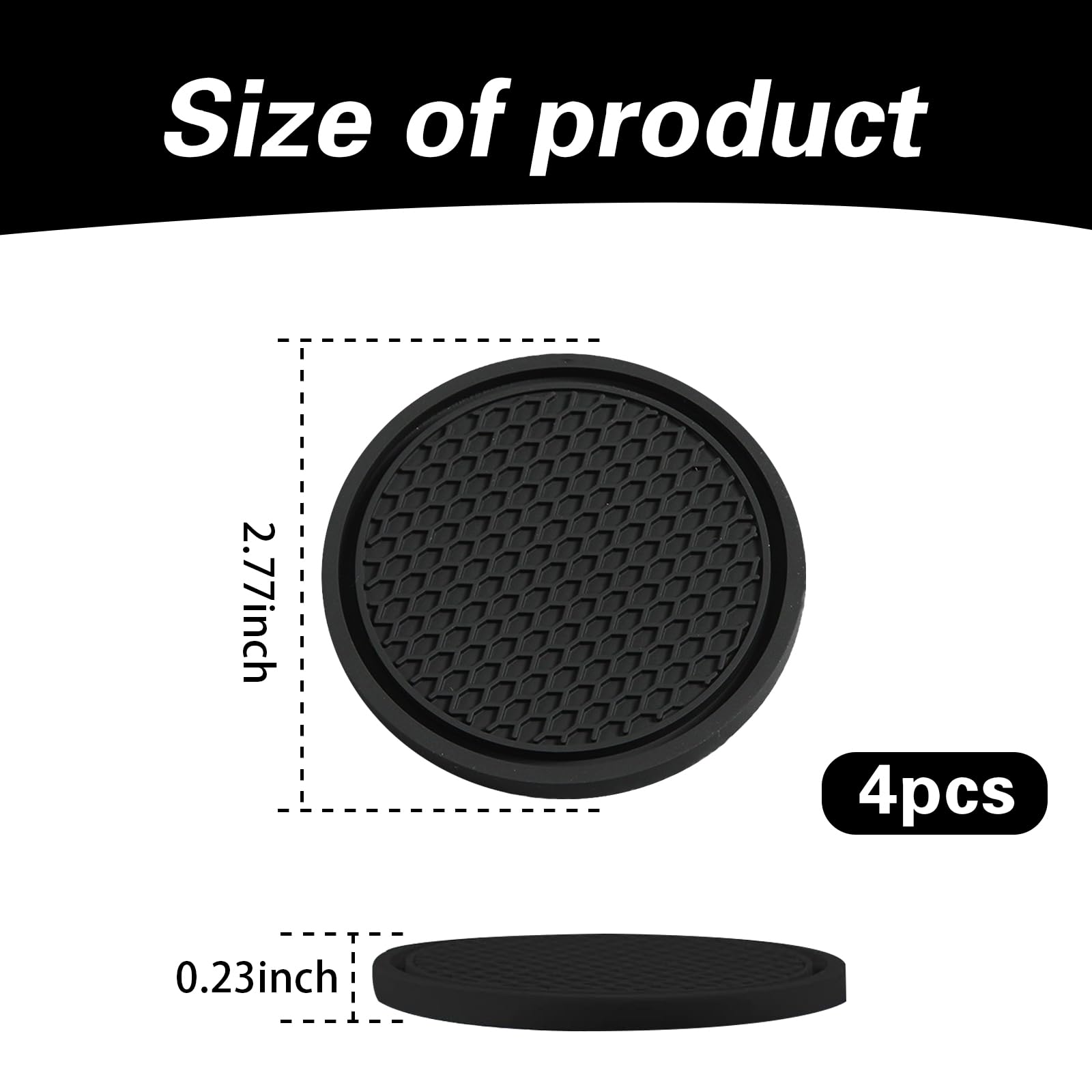 ijuicy 4 PCS Car Cup Holder Coaster, 2.75 Inch Non-Slip Insert Coaster, Silicone Car Coasters, Honeycomb Shape Waterproof Cup Mats, Universal Car Interior Accessories (Black)
