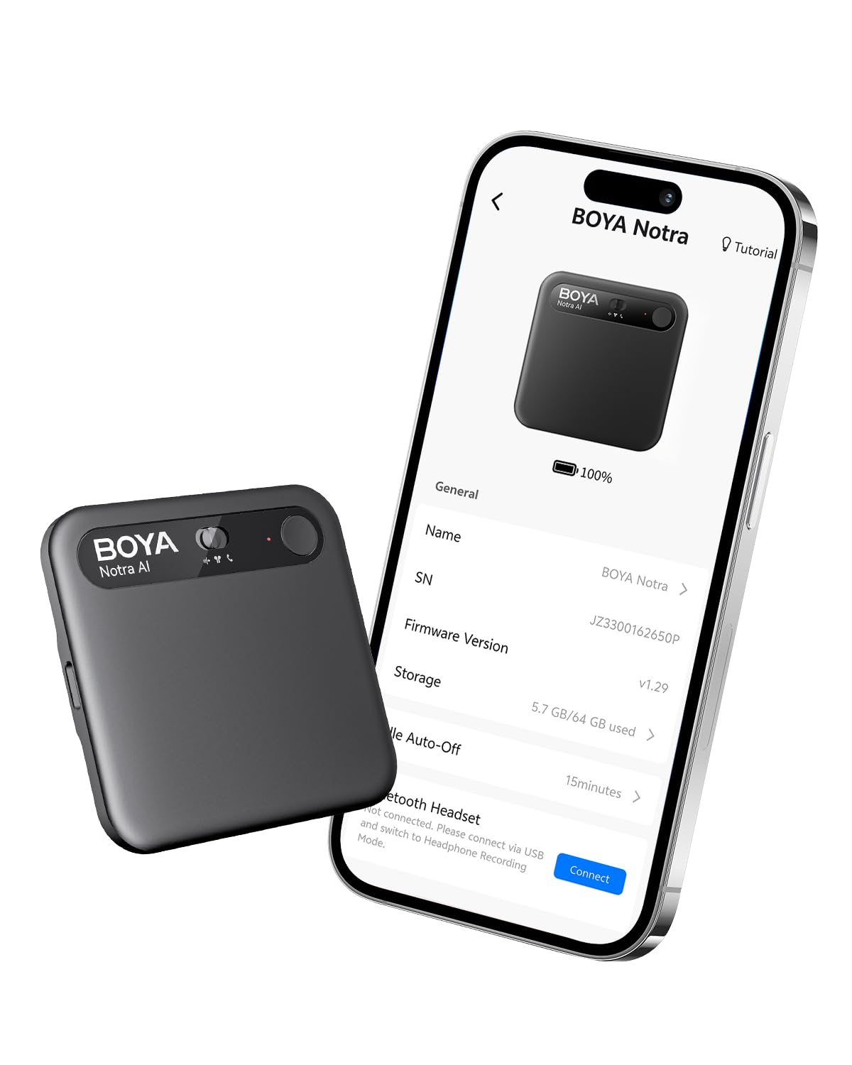 BOYA Notra Grabadora de Voz IA toma de notas todo en uno para reuniones y llamadas, transcripción y resumen inteligentes, control por app, 140+ idiomas, diseño magnético ultradelgado