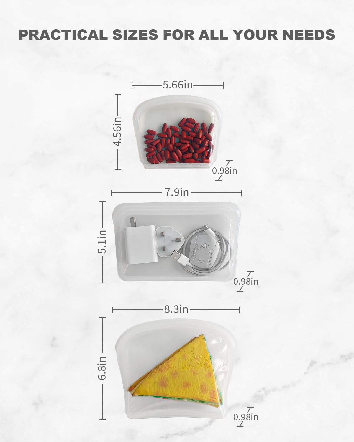 Bolsa de almacenamiento de silicona reutilizable, paquete de 8 bolsillos de silicona, bolsas de aperitivos y sándwich, bolsas de silicona duraderas para almacenamiento de alimentos,