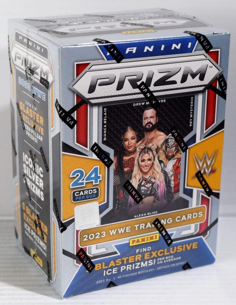 2023 PANINI WWE WRESTLING PRIZM FACTORY SEALED BLASTER BOX 6 Packs of 4 Cards.Three Blaster Exclusive Ice Prizm Per Box on Average. Chase Possible Autographs of your favorite wrestlers. Yes, the box has blacked out price sticker of old sale price.