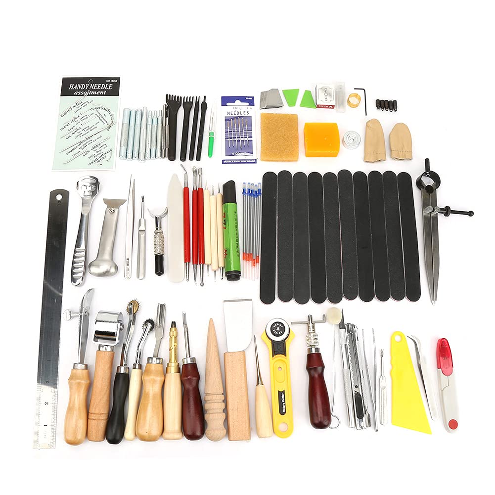 Professionelles Lederhandwerkswerkzeug-Set, 60-teiliges Lederbearbeitungswerkzeug-Set zum Nähen, Schnitzen, Nähen, DIY-Lederprojekte, Anfänger, Designer, Holz, Stahl, Mater