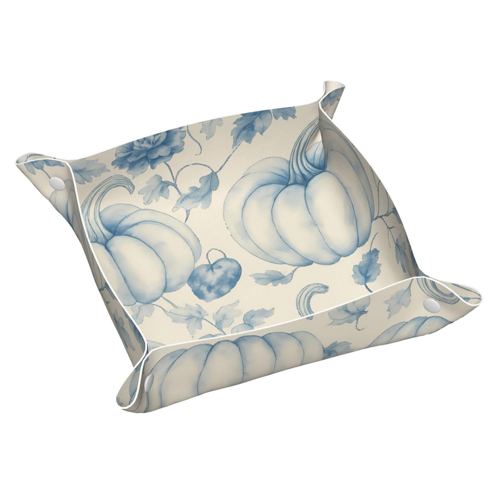 HLBSDM Blue Pumpkins with Flowers Tray Men's Leather Valet Parking Portable Entrance Trays Bedside Storage Box