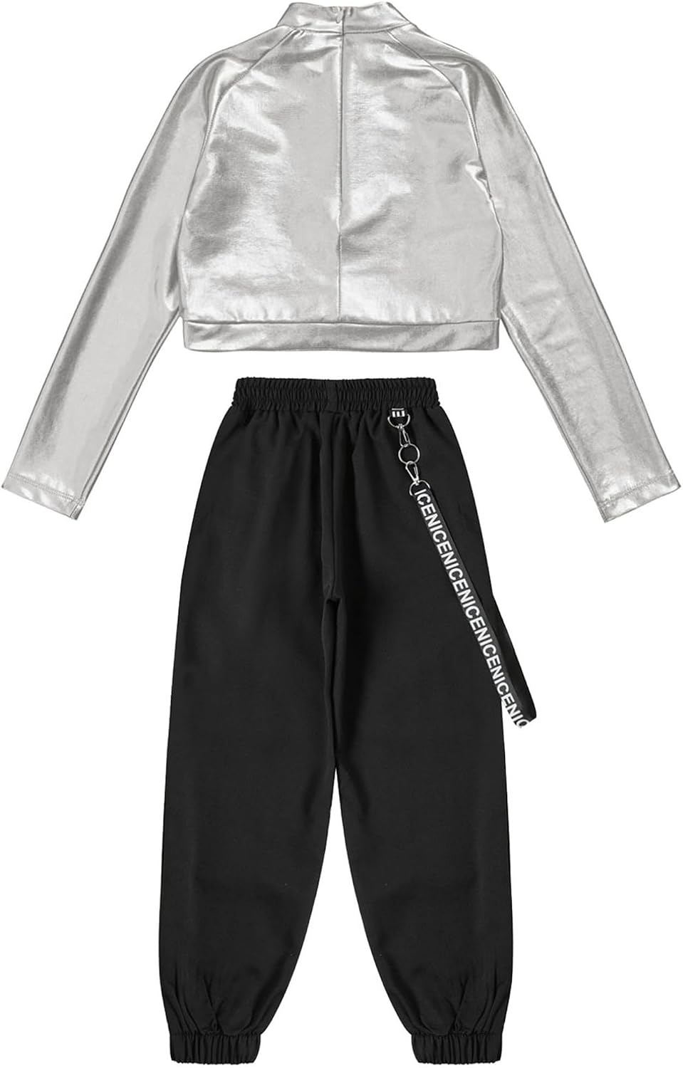 Agoky Kids Girls Sequins Hip Hop Jazz Dance Outfits Gymnastics Shirt Crop Top with Chain Cargo Pants Set Fitness Tracksuit