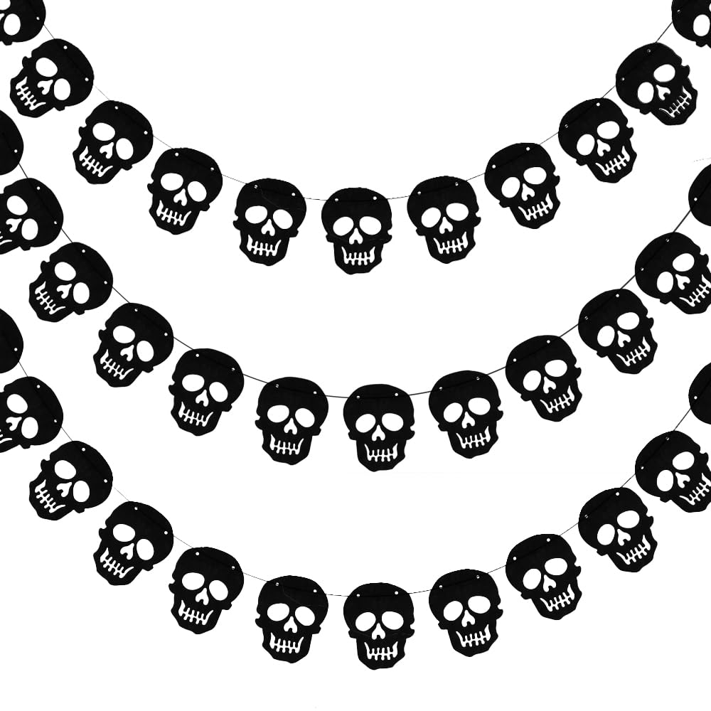 FAZHBARY 3 Pack Black Skull Garland Birthday Party Decorations Pirate Theme Party Halloween Decorations Garland Banner for Fireplace Supplies