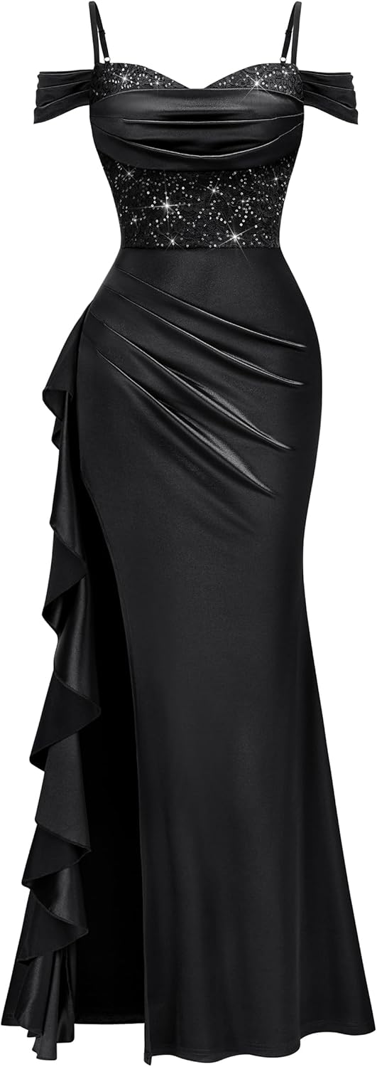 Miusol Women's Sexy Off Shoulder Sequin Lace Wedding Bridesmaid Party Long Dress - Image 4