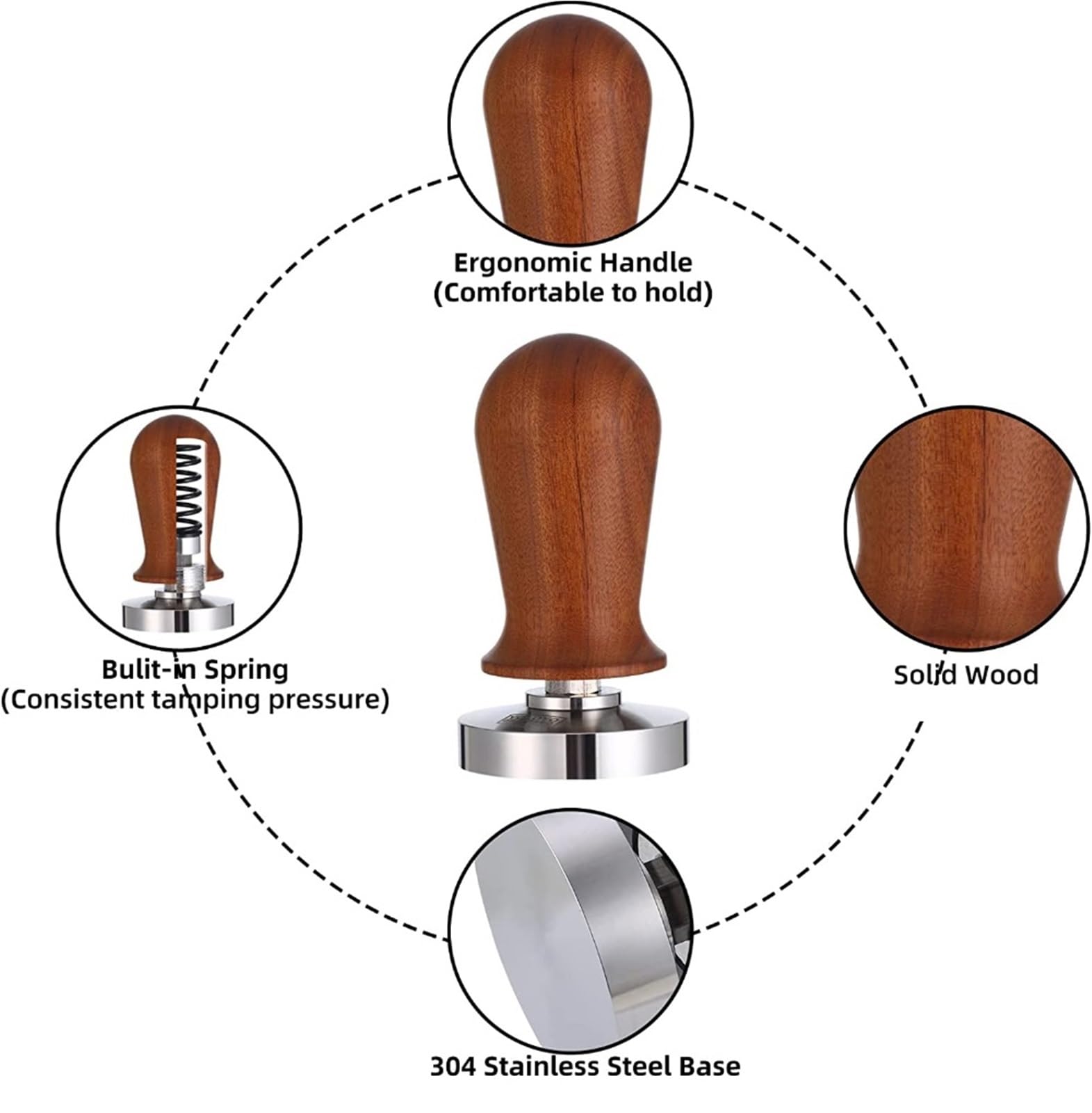 51 Mm 53 Mm 58 Mm Resorte Calibrado 30 Lbs Presión Constante Base De Acero Inoxidable Espresso Tamper Reemplazo Accesorio De Barista(58mm,Walnut)