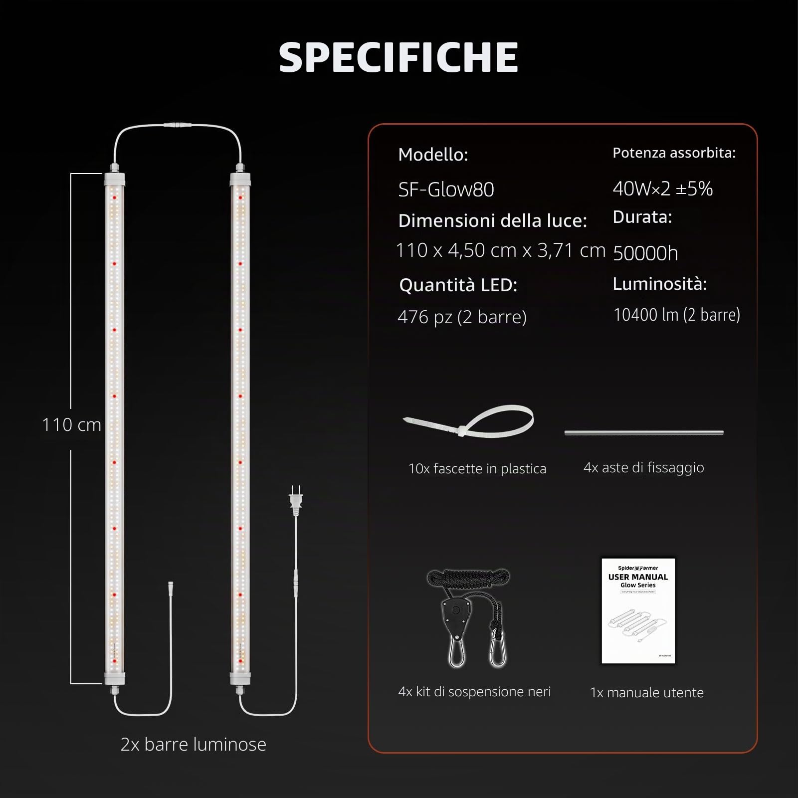 Spider Farmer Glow80 - Lampada a LED per piante da interno, 110 cm, a spettro completo, impermeabile, per piante d'appartamento, piantine, confezione da 2 476 LED, 80 W