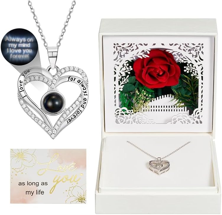 NORBU Preserved Real Red Rose with Infinity Heart Projection Necklace, Eternal Flowers Rose Valentines Day Gifts for Her Wife Girlfriend Women Mom Grandma on Mothers Day Anniversary Birthday Christmas Romantic