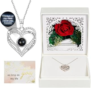 NORBU Preserved Real Red Rose with Infinity Heart Projection Necklace