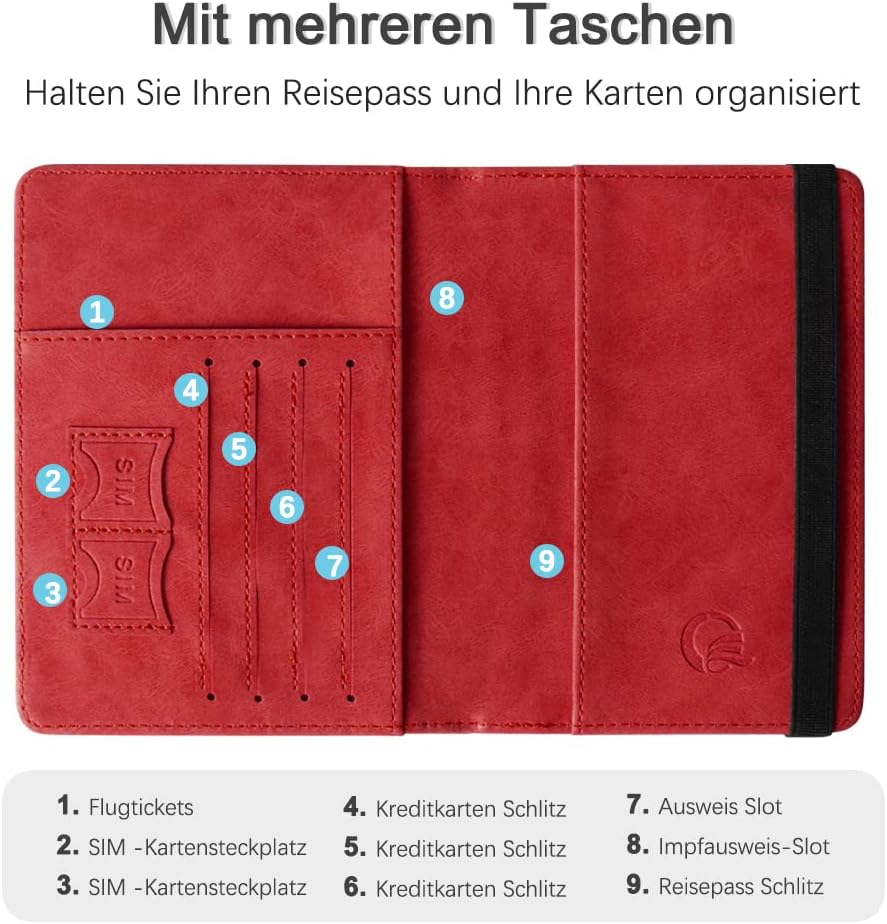 Czyan Reisepasshülle, Kunstleder Schutzhülle Reisepass mit RFID Blockier Schutzhülle Impfausweis Schutzhülle Tasche für Kreditkarten Ausweis und Reisedokumente (Rot) - Image 2