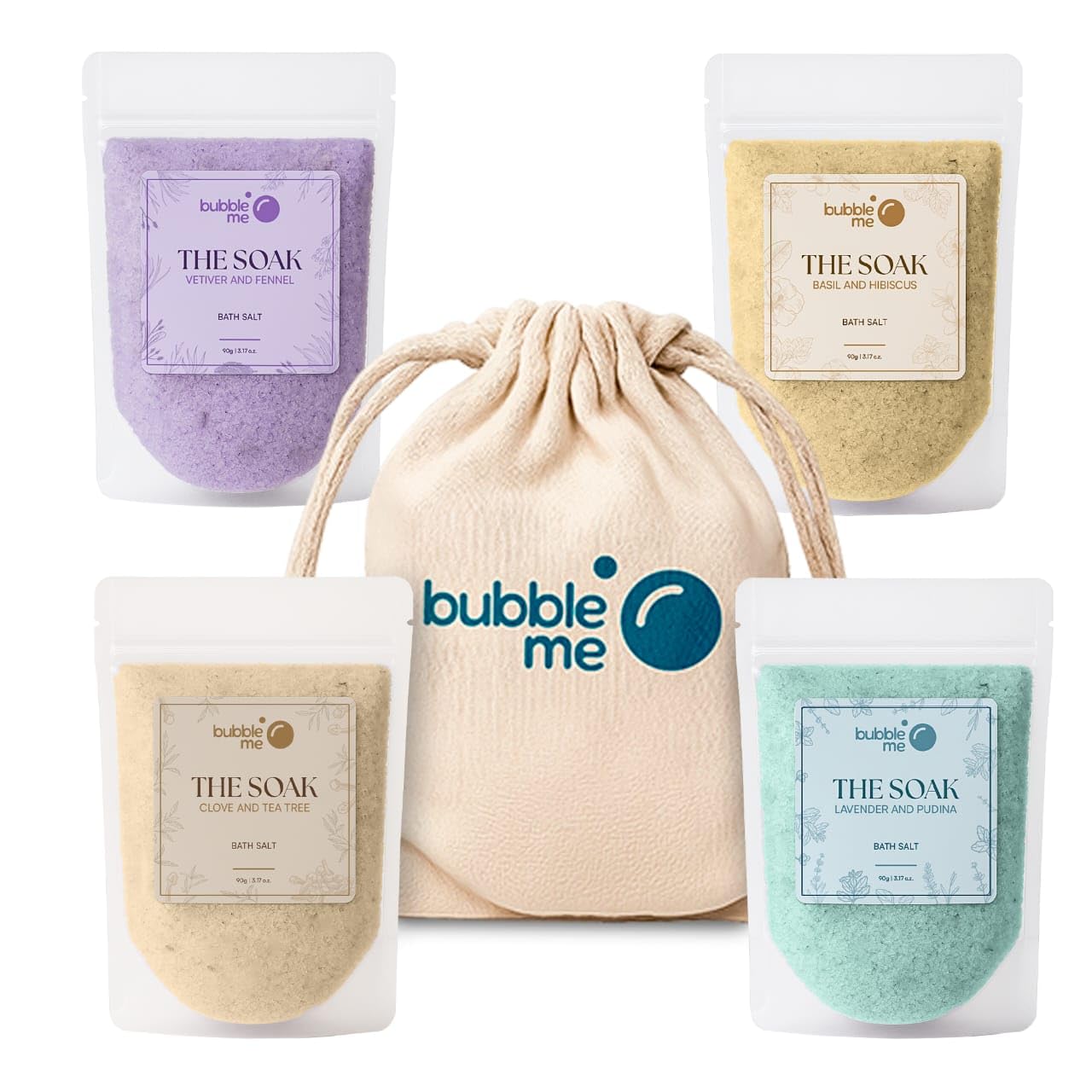 Bubble Me Soak Potli | Pack of 4 Bath Salts | Epsom Salt with Essential Herbs | Aromatherapy Soak for Muscle Relaxation, Skin Detox, Better Sleep