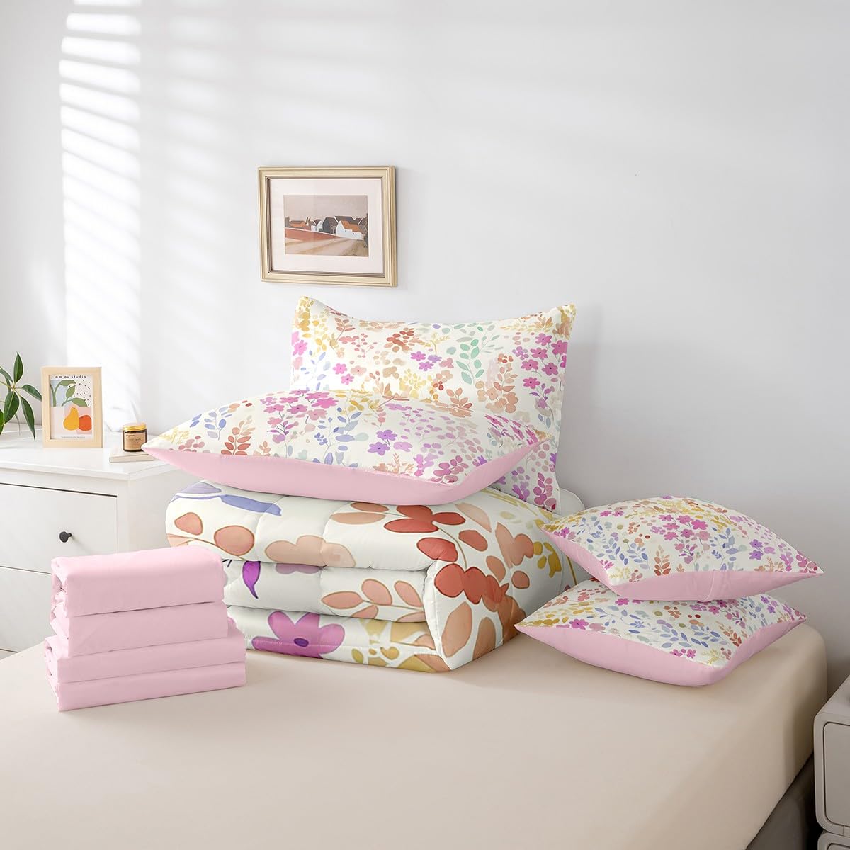 Erosebridal Juego de Cama matrimonial de 7 Piezas con diseño Floral Rosa en una Bolsa, Juego de edredón Bohemio de Flores arcoíris con sábanas para niños, niñas y Mujeres, Juego de Ropa de Cama de