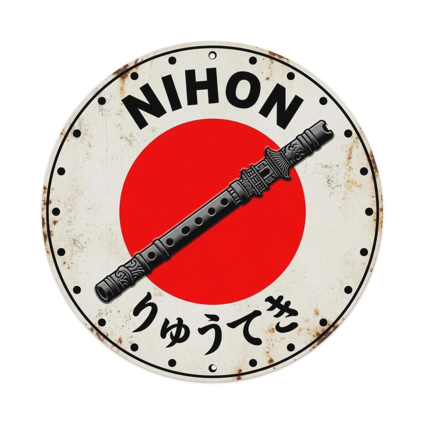 Ryuteki Flute Nihon Dragon Pipe Aged Heritage Token Metal Tin Sign Plaque Wall Decor for Cafe, Man Cave, Club Bar, Office, Home Garden Round Metal Poster 8x8Inch