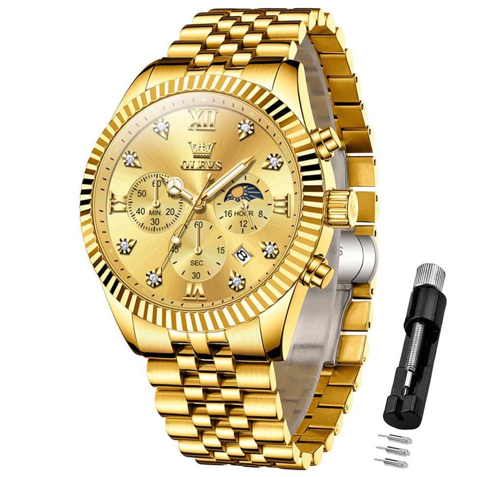 OLEVS Watch for Men Analog Quartz Stainless Steel Moon Phase Calendar Chronograph Diamond Watches Waterproof Wrist Watch Luminous