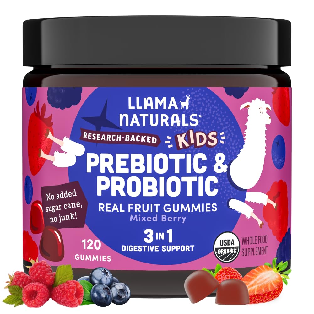 Llama Naturals Kids Probiotic with Prebiotic Fiber, Vegan, Organic Prebiotics and Probiotics Gummies for Gut Health Support, Toddler Real Fruit Gummy Vitamins, No Added Sugar Cane, Mixed Berry, 120 CtUSDA Organic