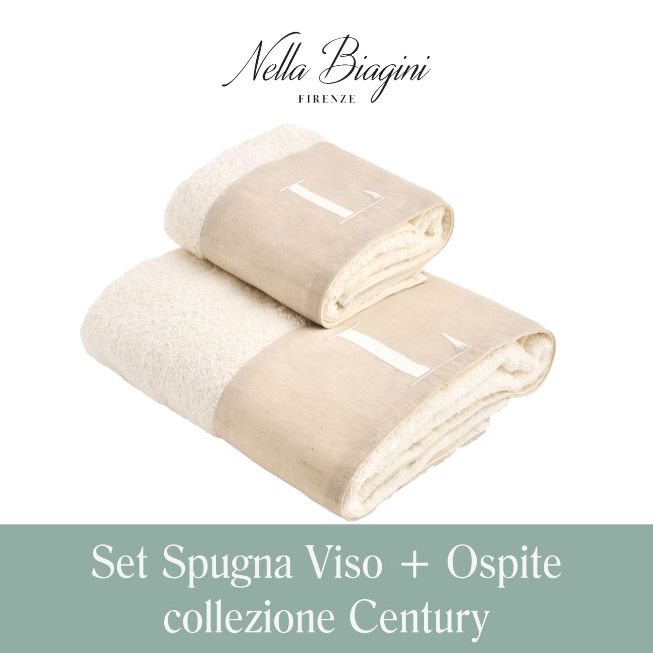 NELLA BIAGINI Set Asciugamani Bagno Viso e Bidet, con Iniziali Ricamate, Coppia Asciugamani Bagno, in Spugna di Cotone e Lino, 420 gr/mq, 110x60 cm + 60x40 cm, Made in Italy. Modello: Century