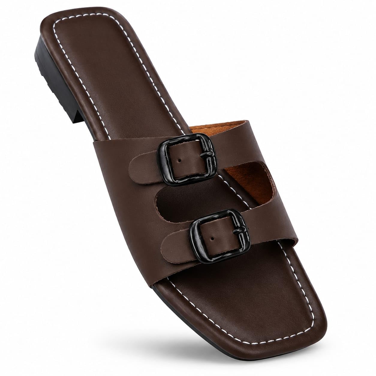 Women's Brown Flat Slide Sandals with Double Buckle Strap-image-9