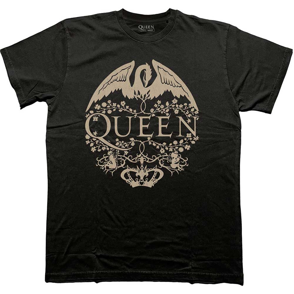 Rock Off officially licensed products Queen Floral Crest Mono Band Logo T Shirt, Black, XL