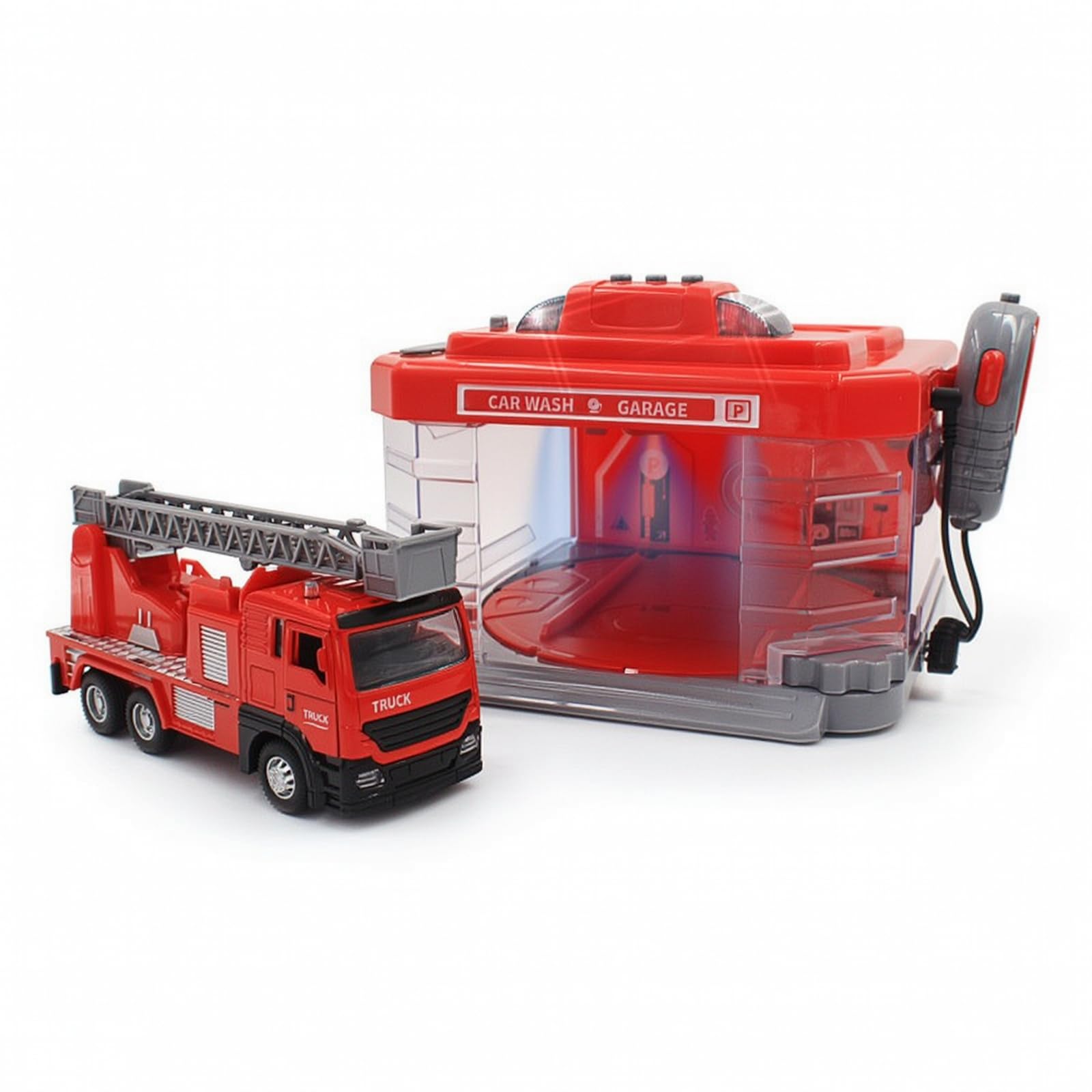 Giocattolo Autolavaggio Bambini Car Wash Veicolo Lega Lavaggio Auto con Controller a Cavo Effetti Realistici Base Solida, Stazione Dei Pompieri Con Autoscala