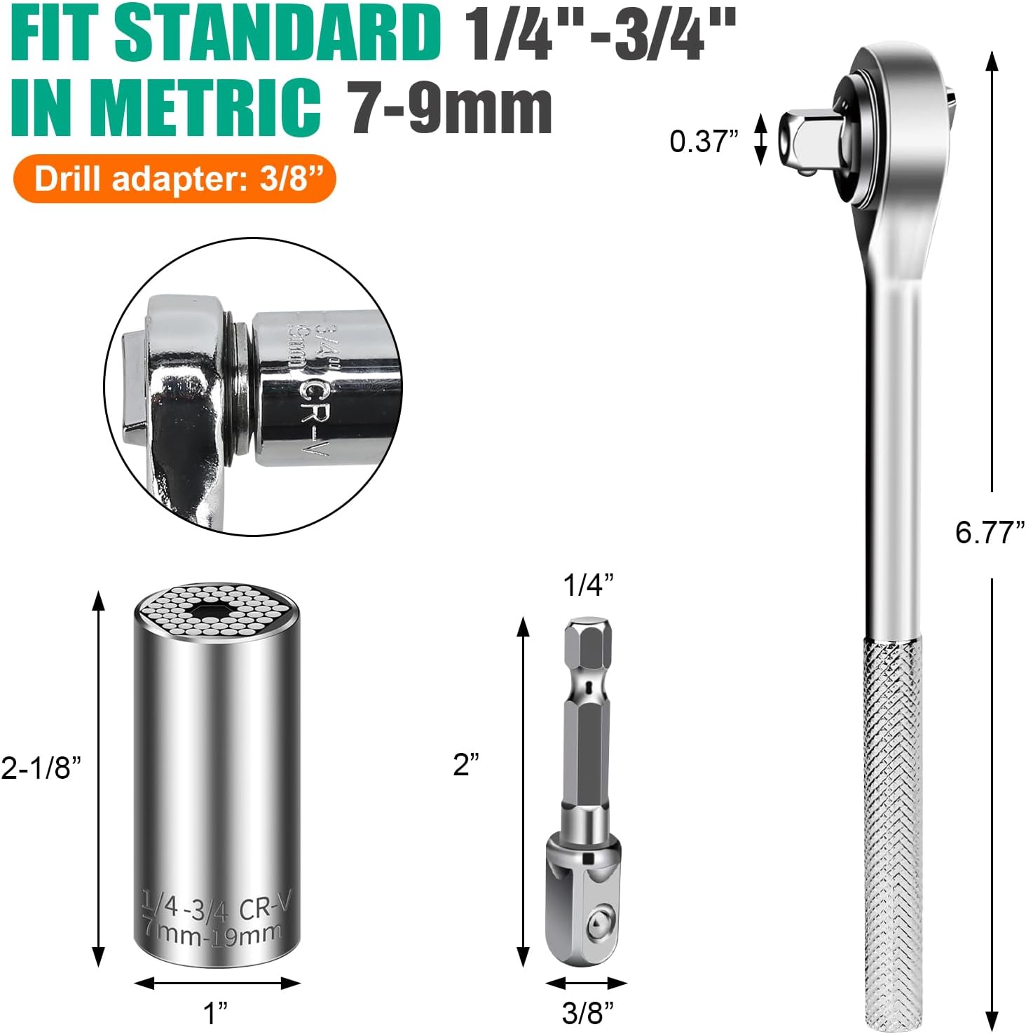 Prowin 3pcs Universal Socket Wrench Ratchet Useful Tool Sets Adapter Retract & Power Drill (1/4in-3/4in) for Men Him Husband Dad Father DIY Handyman Women