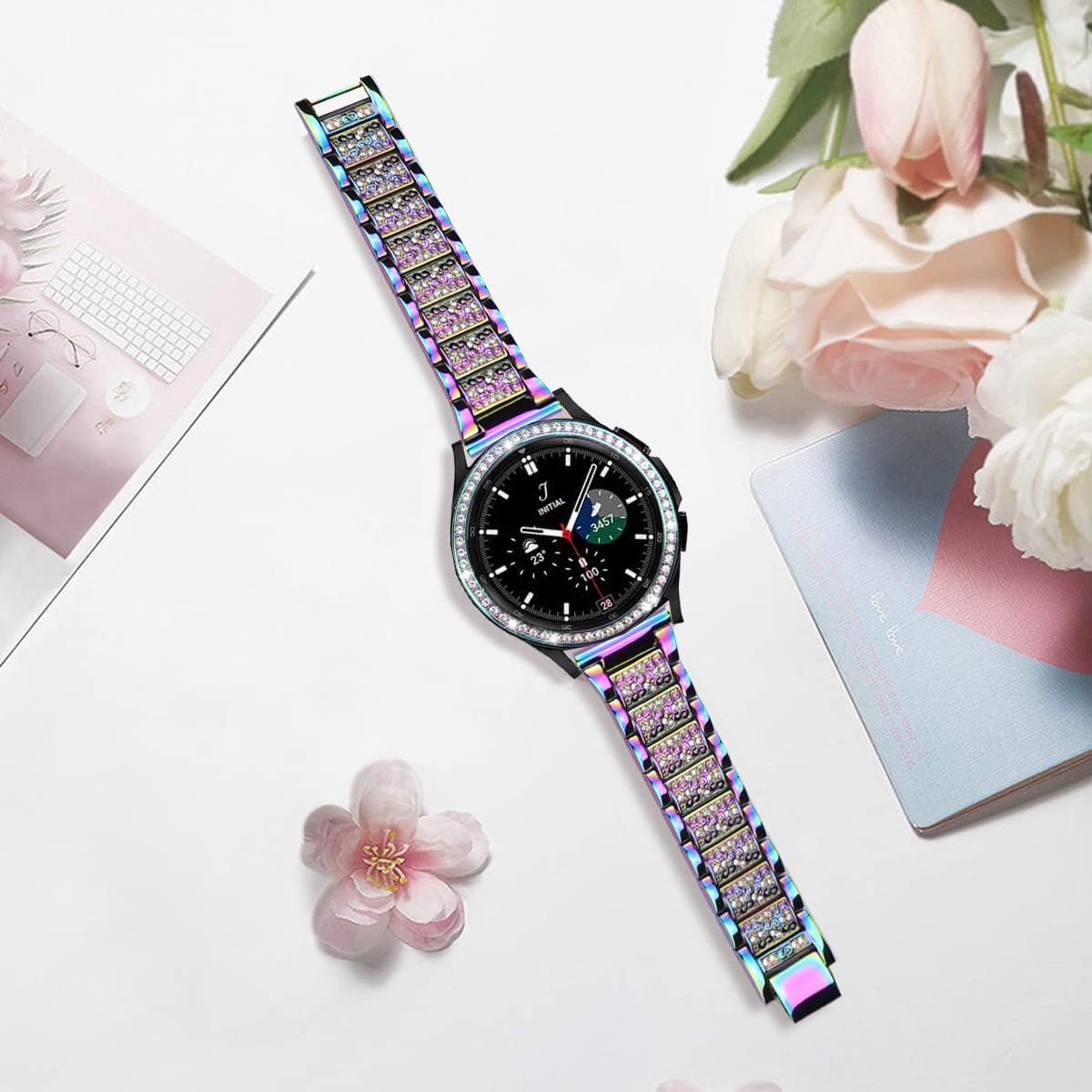 Bands Compatible with Samsung Galaxy Watch 4 Classic (46mm), 20mm Luxury Rhinestone Diamond Metal Steel Bracelet with Watch Face Bezel Ring Case Cover Replacement for Women Men (Rainbow) - Image 4