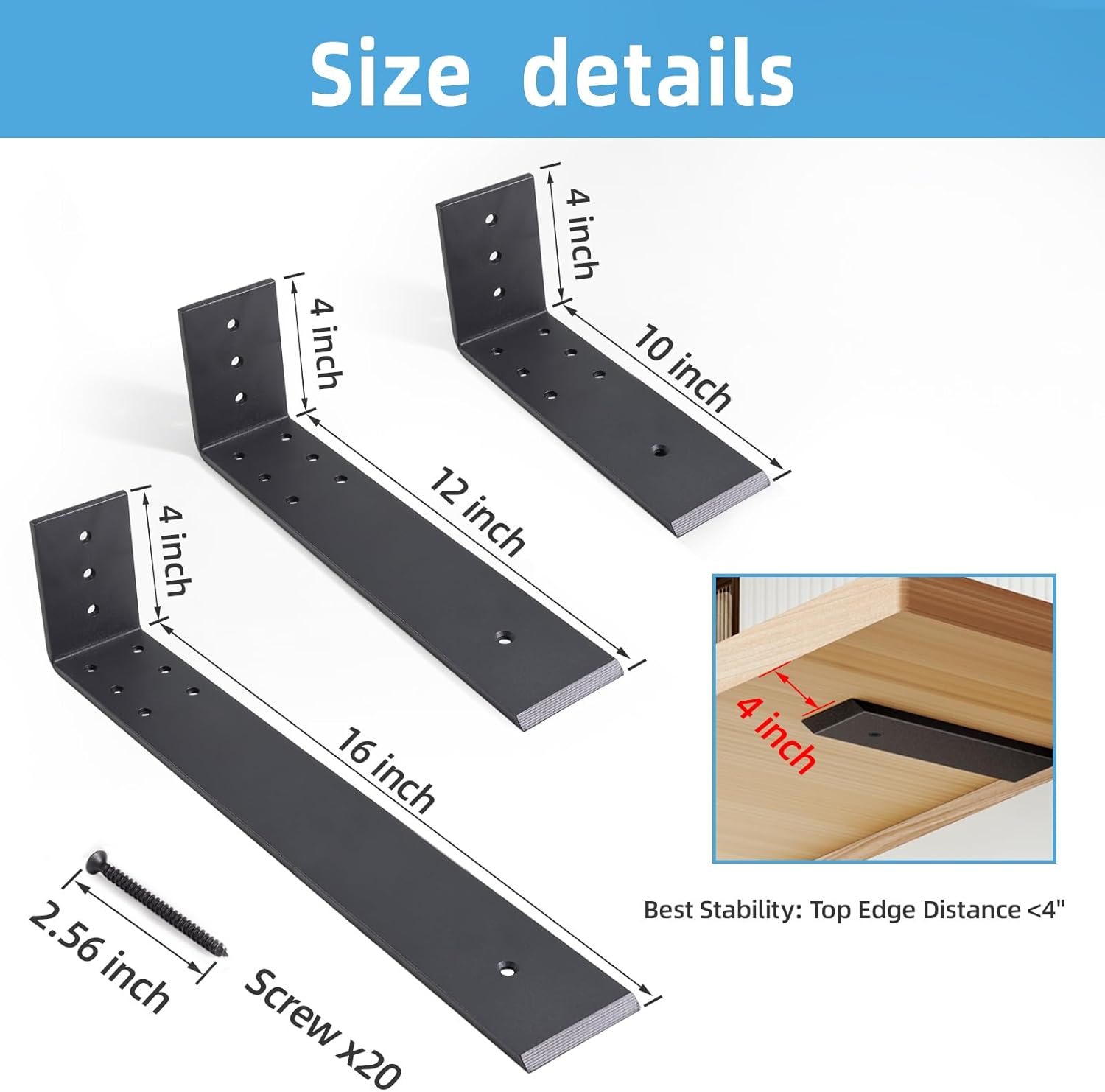 10 Inch Countertop Support Bracket, 3 Pack Solid Iron Steel Heavy Duty Hidden Floating L Shelf Brackets 1/4 Inch Thick, Shelving Support Metal Hardware for Mantel Granite Countertop