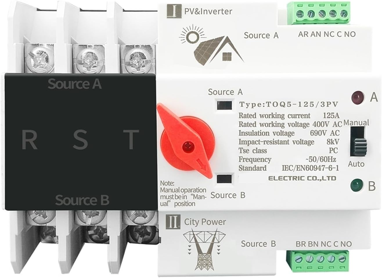 2P 3P 4P Din Rail PV and Inverter Dual Power Automatic Transfer Selector Switches Uninterrupted 63A 100A 125A 1Pcs(100A,3P)