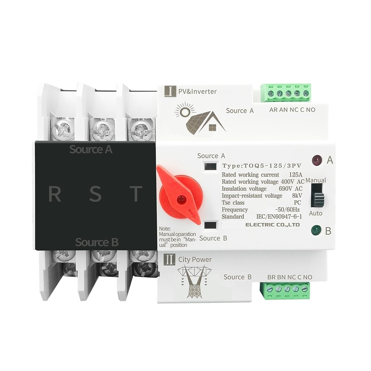 2P 3P 4P Din Rail PV and Inverter Dual Power Automatic Transfer Selector Switches Uninterrupted 63A 100A 125A 1Pcs(2P,63A)