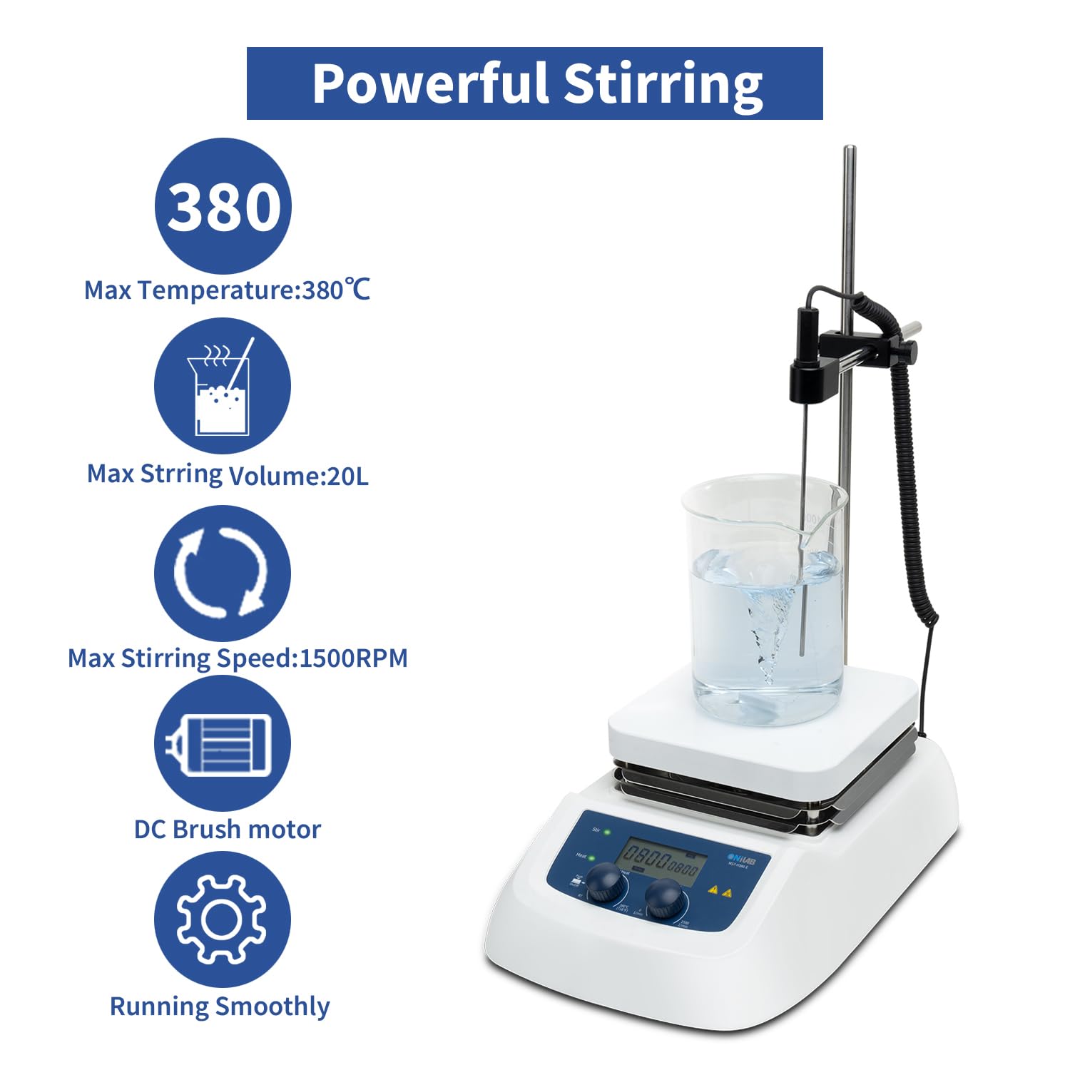 ONiLAB Agitatore magnetico con piastra riscaldante digitale LCD da 380 ℃ con piastra di lavoro in alluminio rivestito in ceramica, 80-1500 giri/min, 20 l, barra di agitazione inclusa