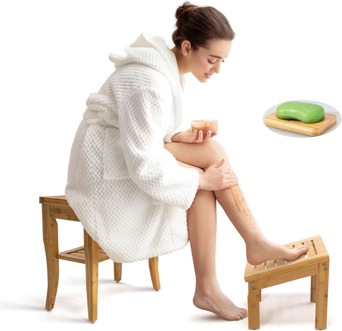 Bamboo Shower Bench with Foot Stool, 2-Tier Wood Spa Bath Organizer Seat with Underneath Storage Shelf, Wooden Bath Chair for Inside Shower, Small Bathroom Stool with Free Soap Dish