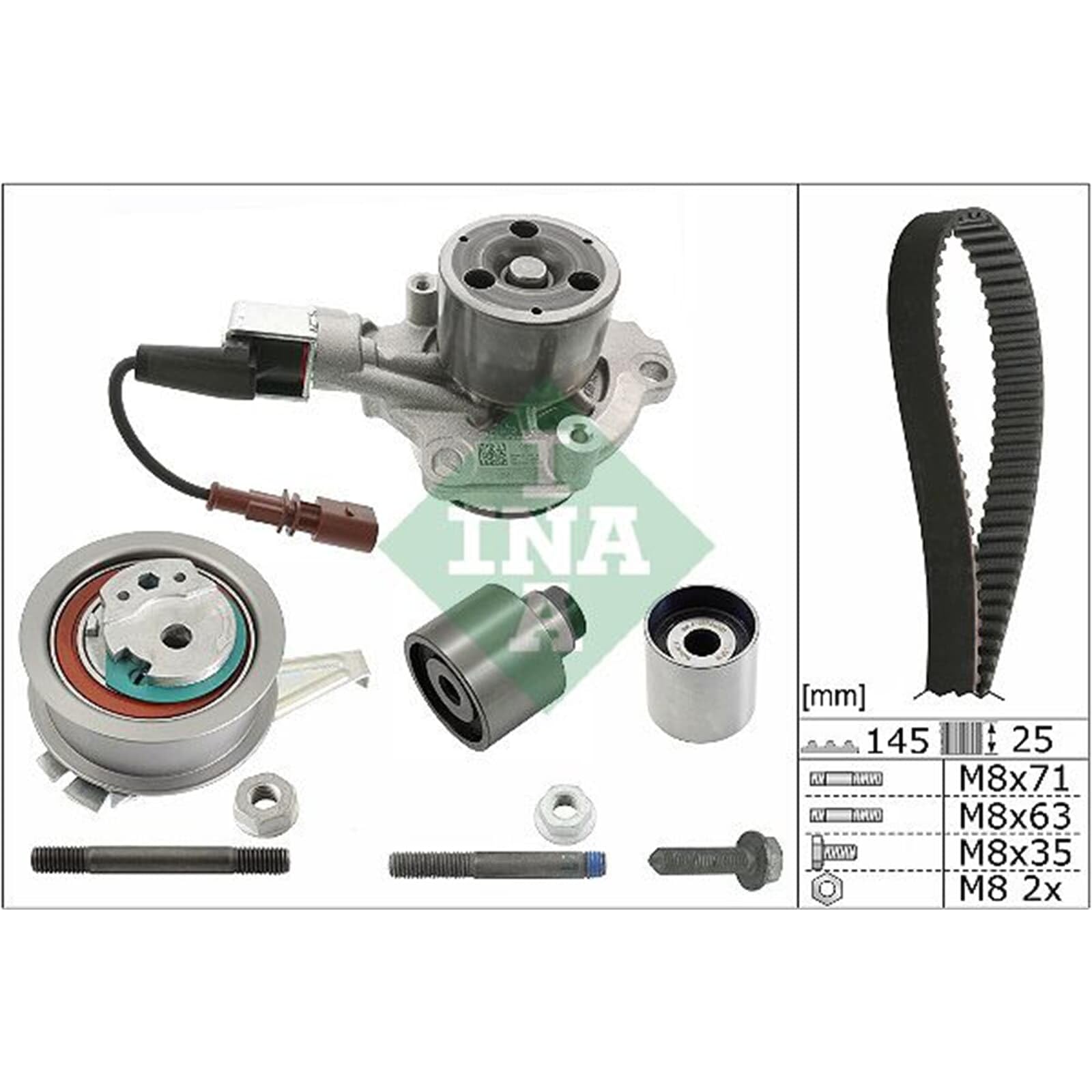 INA 530 0699 30 Kit cinghia distribuzione pompa acqua 29 mm Compatibilità con VW Golf 7 Hatchback 5G1, BQ1, BE1, BE2 T-Roc A11 TIGUAN AD1, AUDI A3 Sportback 8VA, 8VF, SEAT Leon Hatchback 5F1
