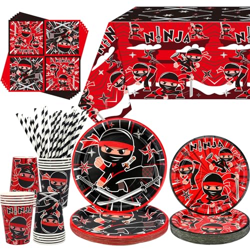Décoration Samouraïs pour Fête d'Anniversaire - Fournitures Warrior avec Assiettes, Nappe, Serviettes, Vaisselle - Accessoires de Karaté pour Garçons