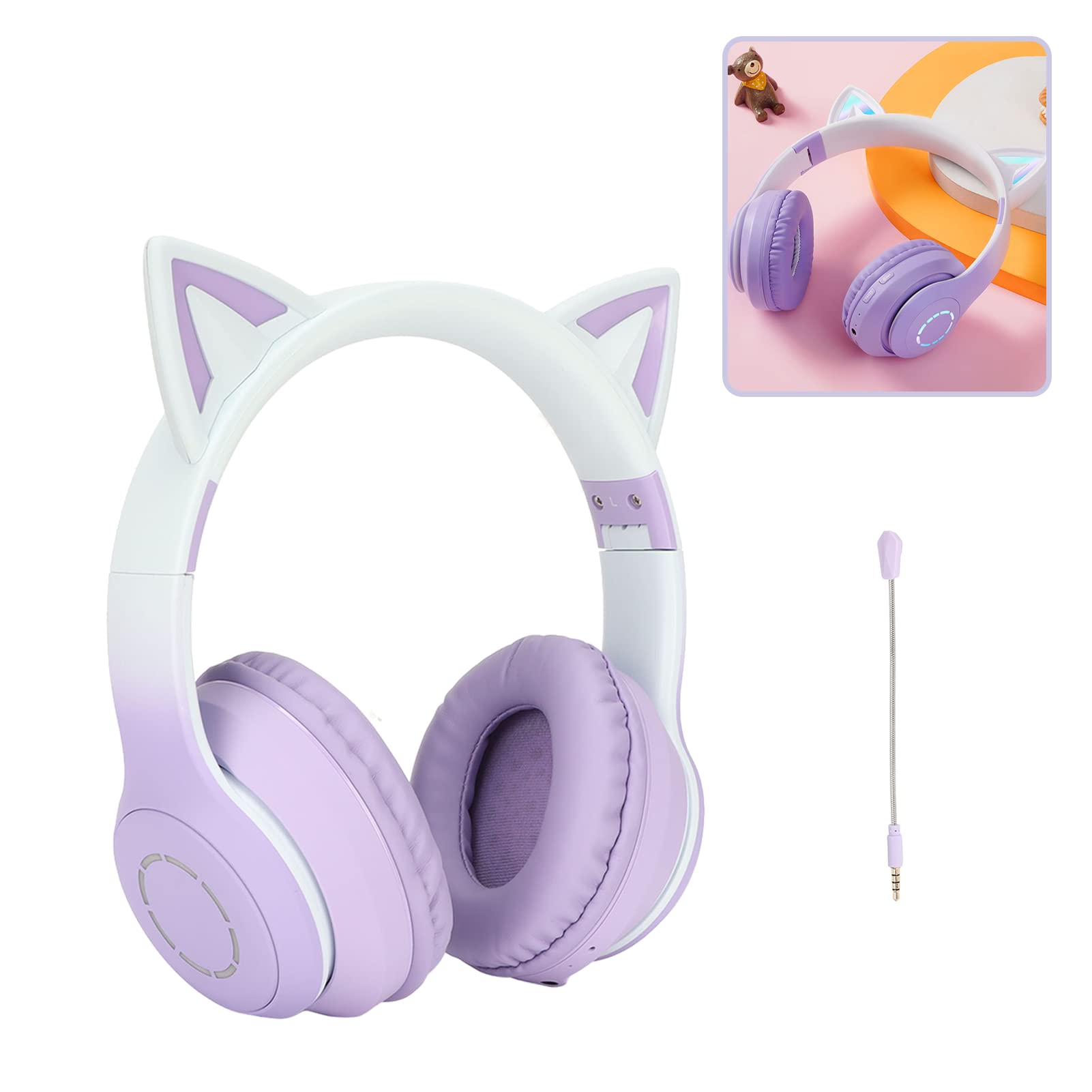 Casque Chat, casque sans fil Bluetooth 5.1 Chat, câble AUX 3.5mm, casque pliable, bandeau ajustable, mic détachable, 7 couleurs de lumières LED et 4 modes LED, convient aux filles et adultes (Violet)