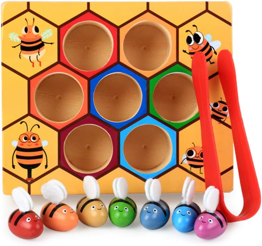 DANNI Baby Fine Motor Skill Toy Clamp Bee to Hive Matching Game Montessori Wooden Color Sorting Puzzle for 3 4 Years Old Kids