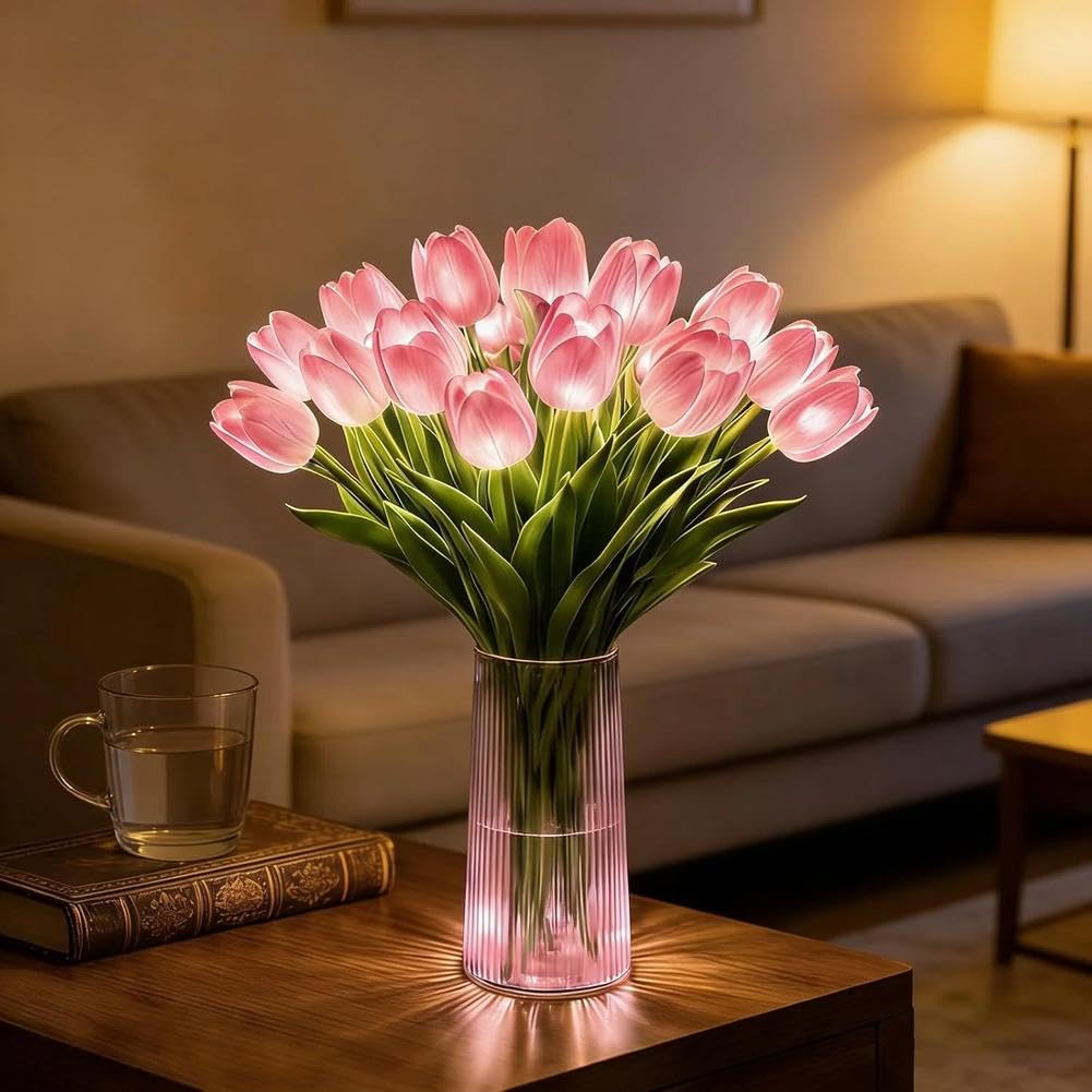 15 Pcs Radiant Romantic Tulip Light, Twinkling Tree Tulips, LED Artificial Flowers Ambient Night Lamp, Gentle Lighting, for Bedroom Bedside Decor and Gift