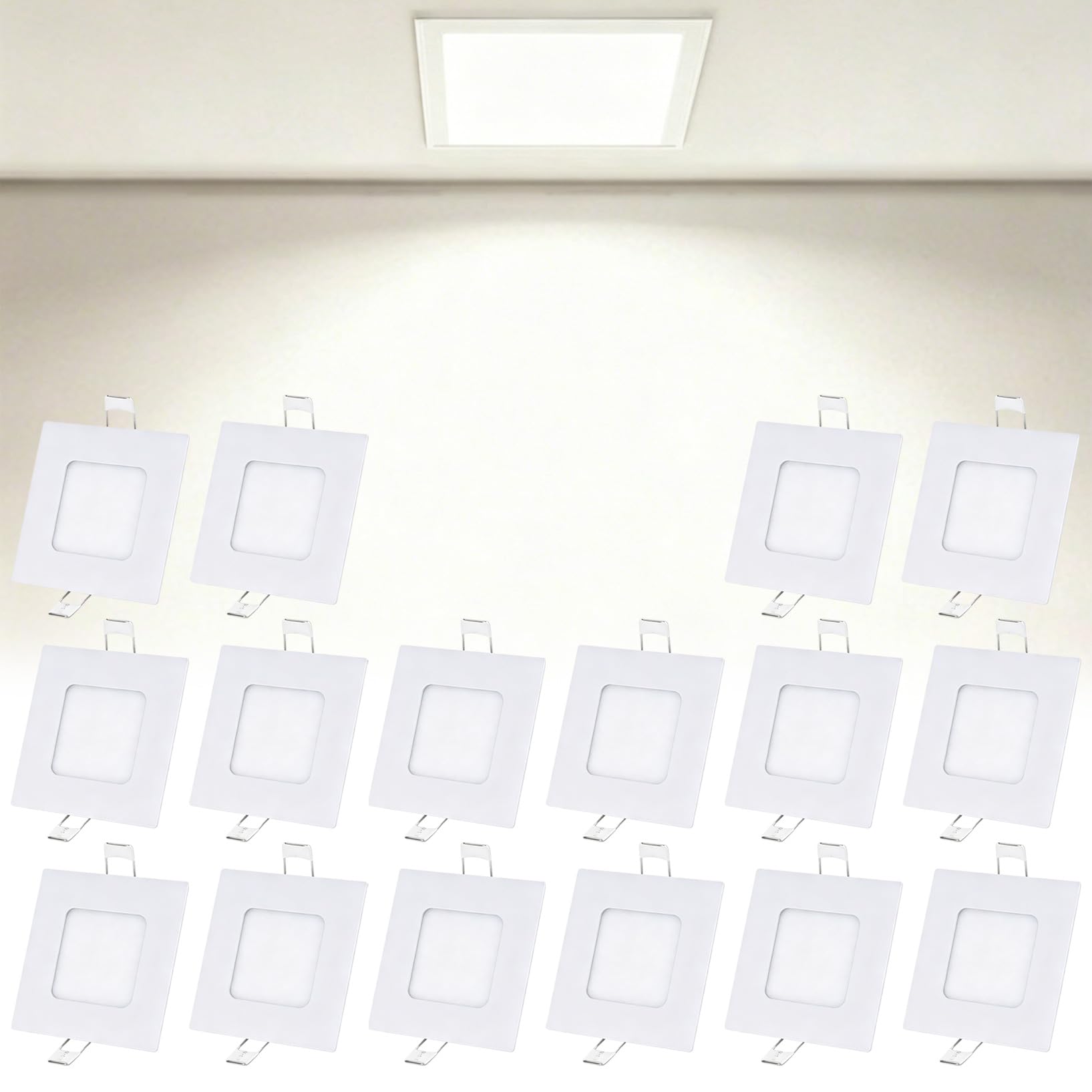 VOGHMOLD 3W LED Ceiling Light Recessed 3 inch, 4000K Daylight White, Cut Φ70-75mm, AC85-265V Slim Square Aluminum Housing Downlight Panel Spotlights for Bathroom Kitchen Living Room Office, 16 Pack