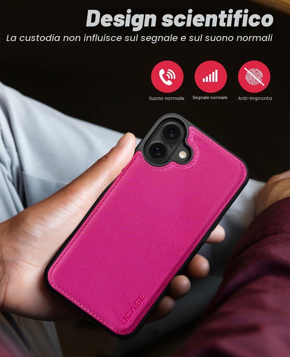 OCASE Custodia iPhone 16, Rosa Rosso, Pelle, Wallet con Slot per Schede, Cavalletto, Antiurto, Antiscivolo, Installazione Semplice, Compatibile con iPhone 16 (6.1 Pollici)