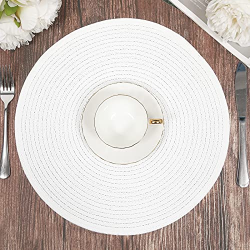 Image of SHACOS Round Braided Placemats Set of 6 Round Table Mats for Dining Table 15 inch Washable Cotton Polyester Place Mat (White, 6)