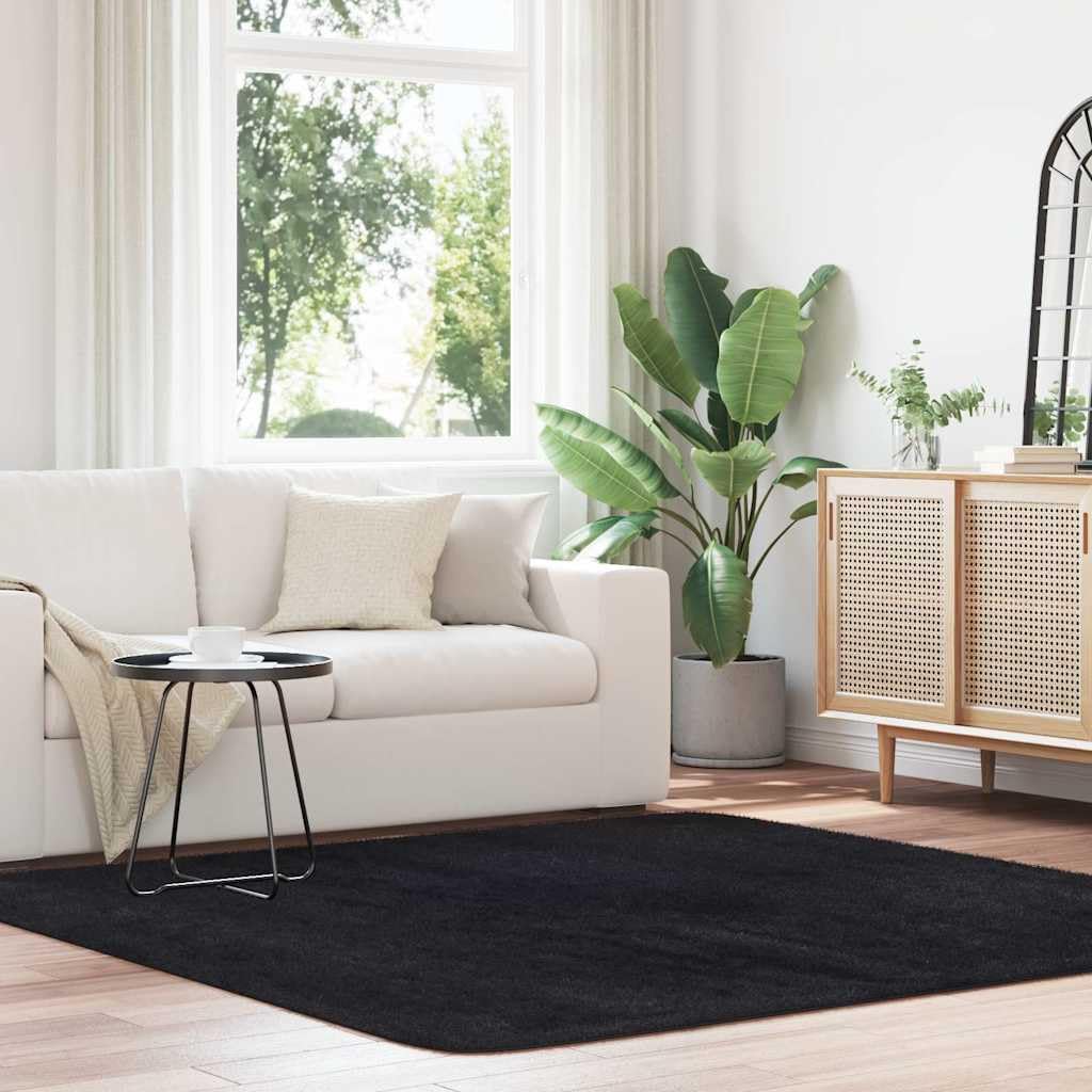 Tapis Shaggy à Poils Longs NAVARRA Noir 200x200 cm Polyester Grand Tapis Carré Salon Chambre