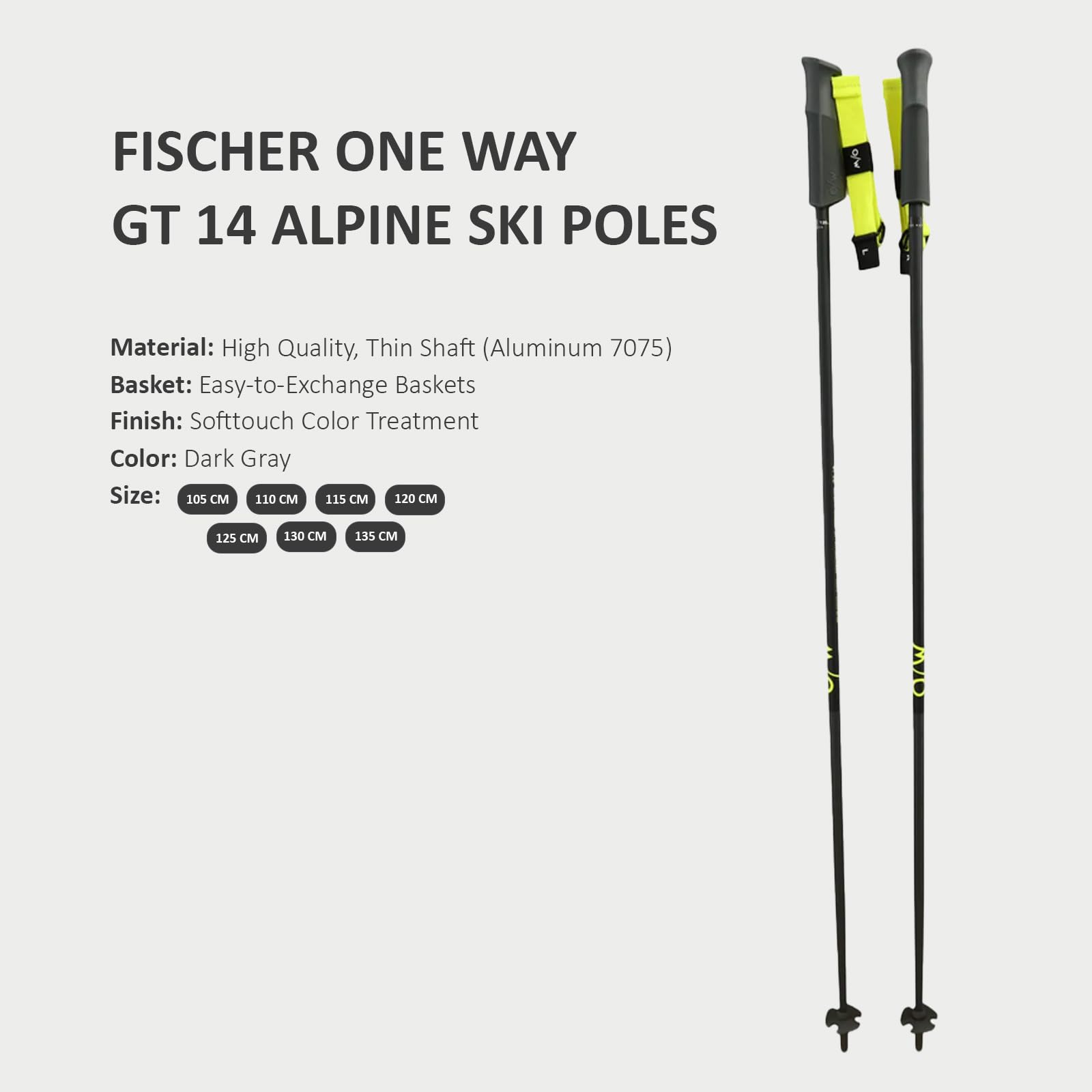 Fischer One Way Unisex GT 14 Alpine Stöcke | strapazierfähiges, leichtes Aluminium Outdoor Winter Sport Skistöcke mit bequemem Griff und schnell verstellbarem Gurt für All-Mountain-Skifahrer