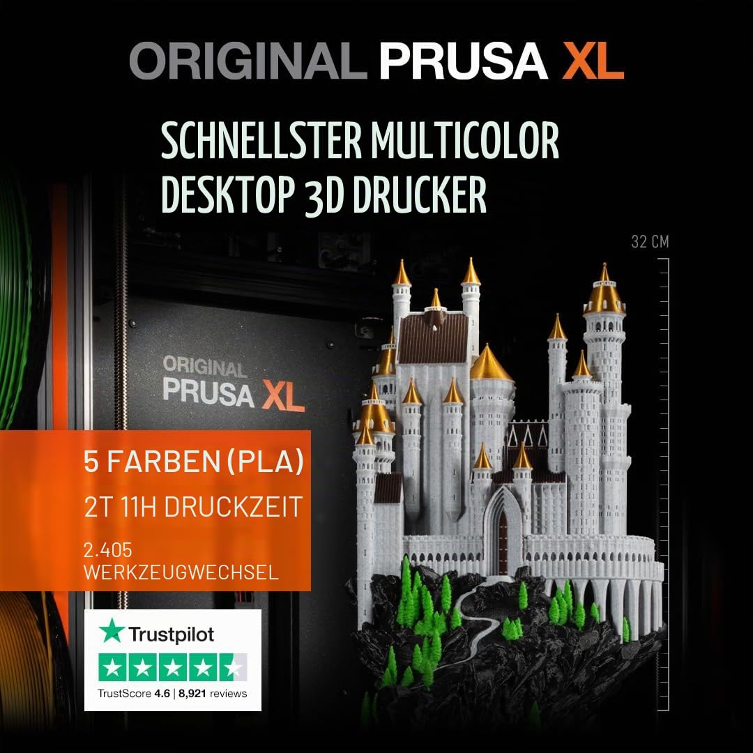 ORIGINAL PRUSA XL zusammengebaut | 5 Druckköpfe | CoreXY 3D-Drucker | 36×36×36 cm Druckvolumen | Inkl. satiniertes Blech & 1 kg Schwarze Prusament PLA Spule