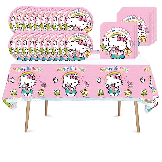 41 pcs Cat kitty Birthday Party Supplies, 20 Plates, 20 Napkins and 1 Tablecloth for Hello Cat Birthday Party Decorations for Girls