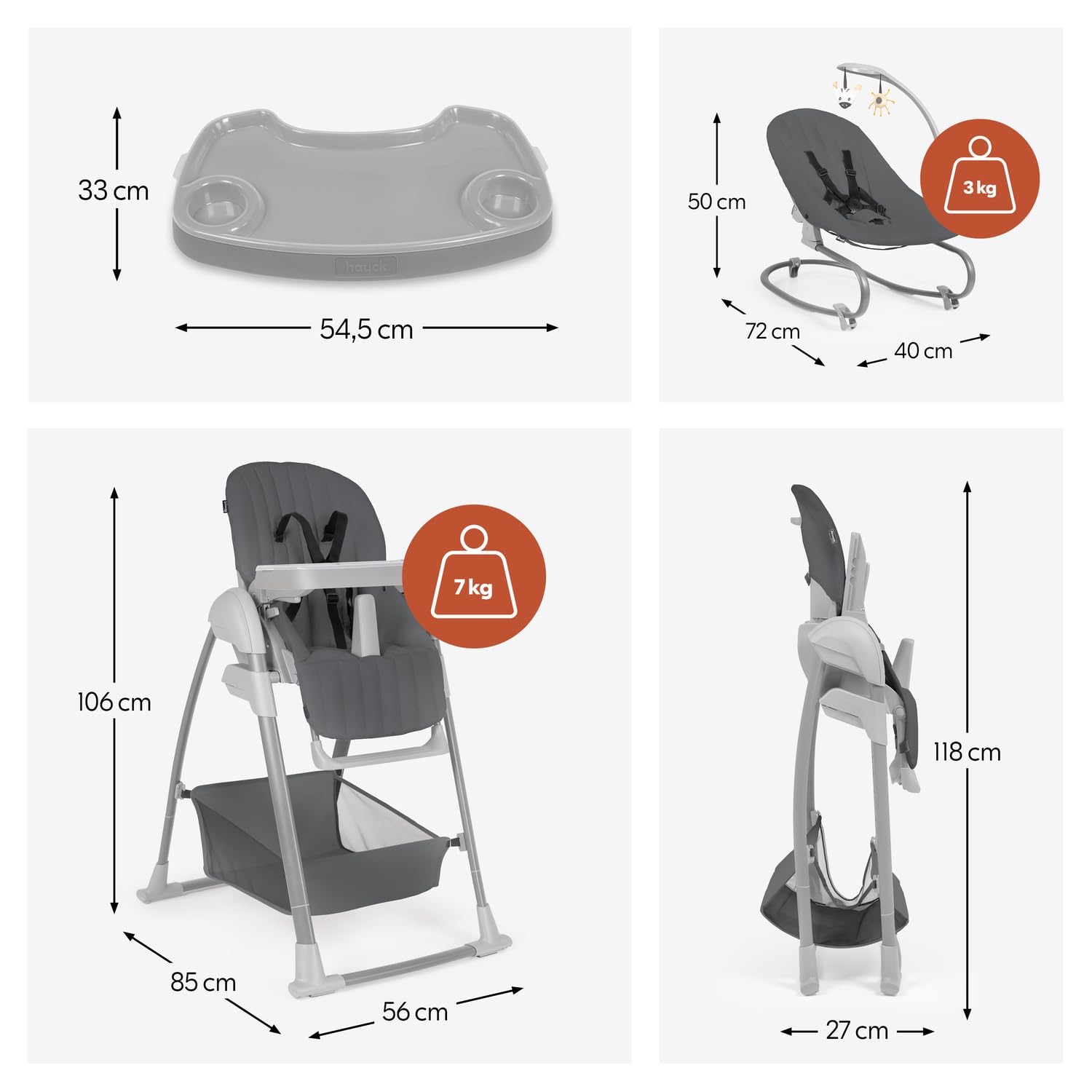 hauck Sit N Relax 3 en 1 Tronas de Bebe Plegables desde Nacimiento hasta 15 kg - con Hamaca para Recién Nacido - Balancín - Arco de Juegos - Bandeja - Ruedas y Cesta - Altura Regulable