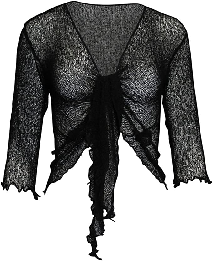 Womens Tie Up 3/4 Sleeve Ladies Fine Knit Bolero Cropped Stretchy Shrug Top Jacket Cardigan One Size